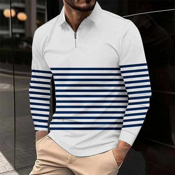 COSFO Mesh Men Polo Shirts Casual Striped Long Sleeve Tops Pullover Relaxed Fit Collared Quarter Zip Graphic Tees