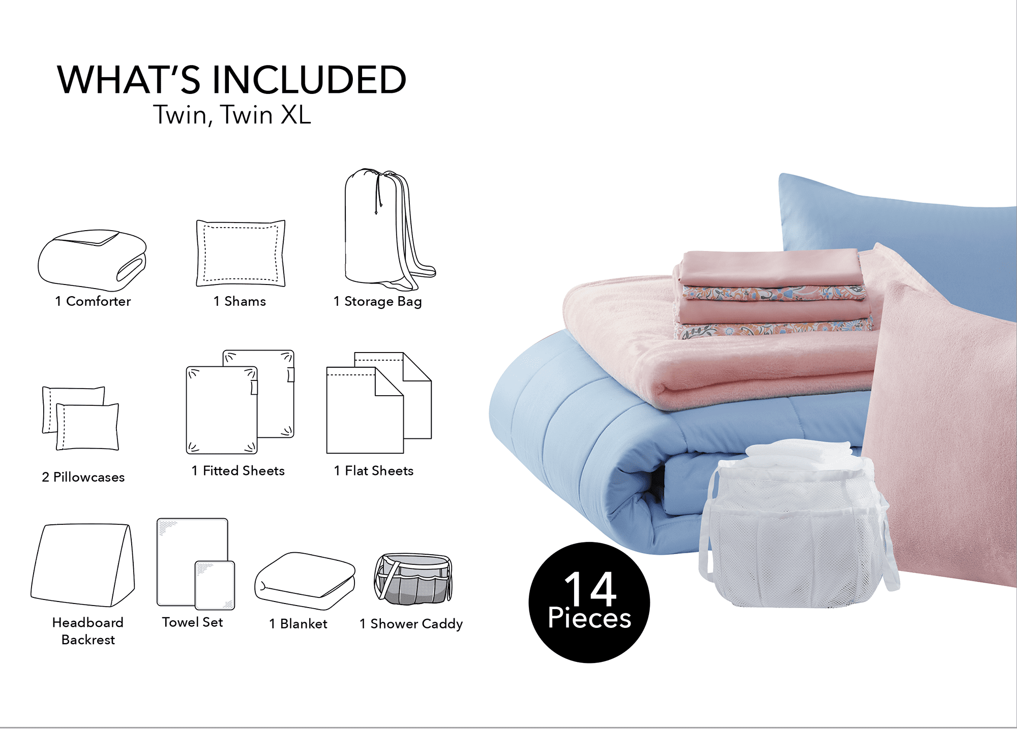 14pc College Dorm Essentials Bundle, Twin-XL, Reversible Bed in a Bag Comforter Set, Light Blue and Pink