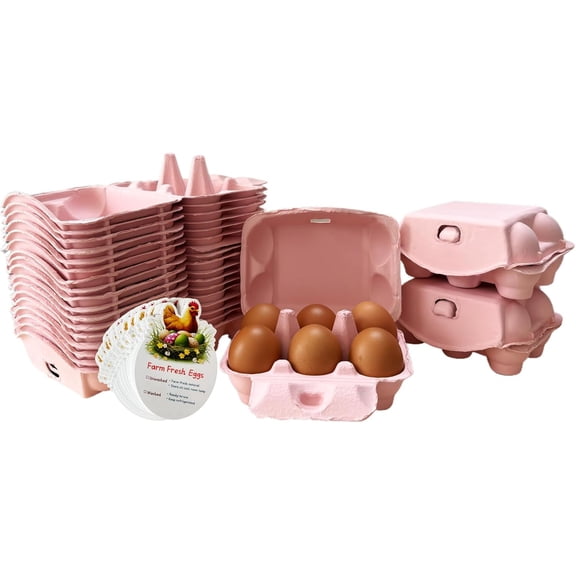 Pink Reusable Egg Cartons, 20 Pack Half Dozen Paper Pulp Containers with 50 Handling Instruction Cards, Perfect for Farm Fresh Chicken Eggs Storage Easter
