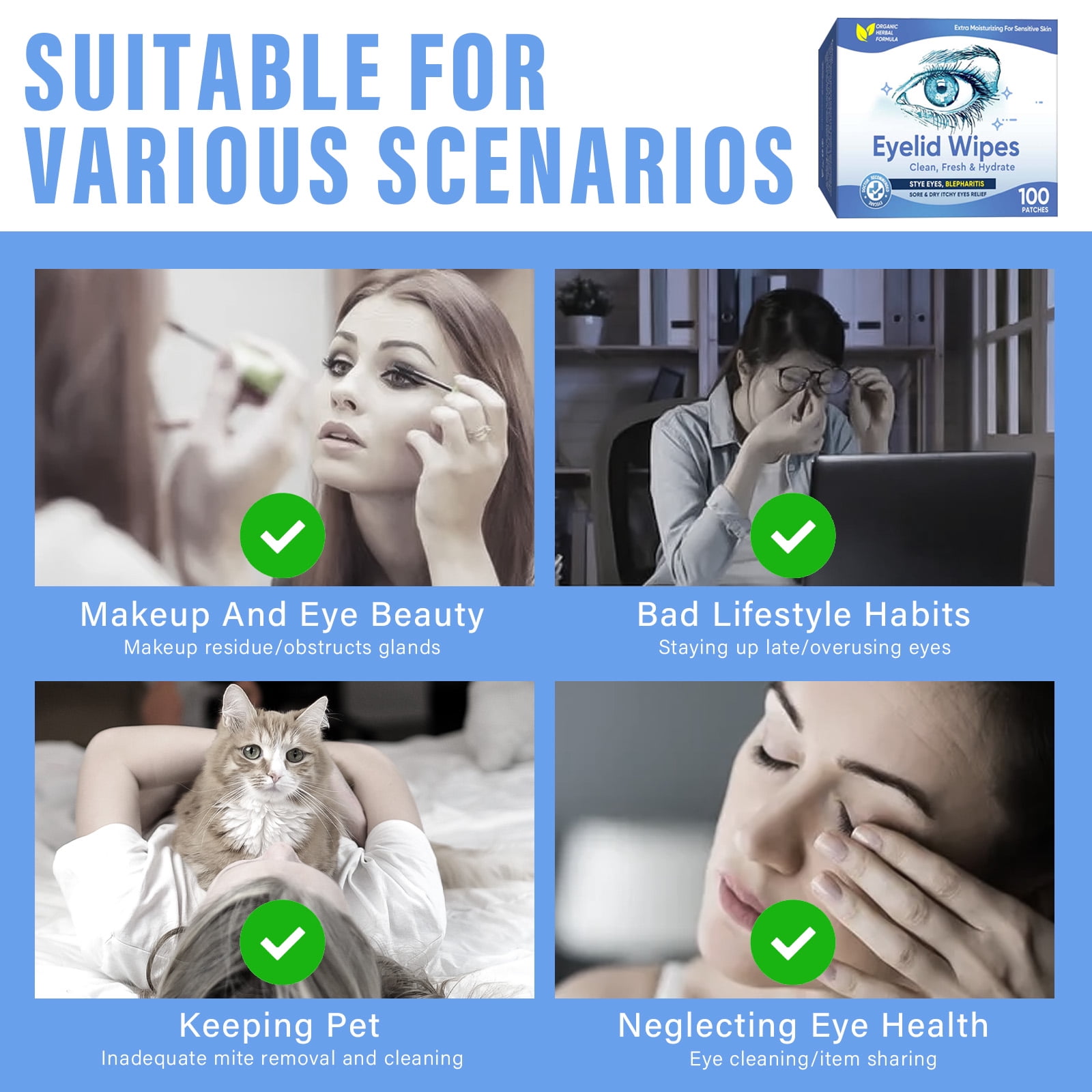 Eyelid Wipes Cleansing Wipes for Dry Eyes – Rinse Free Eye Lid Cleaning Wipes, Individually Wrapped Travel Eye Wipes, 100 Count