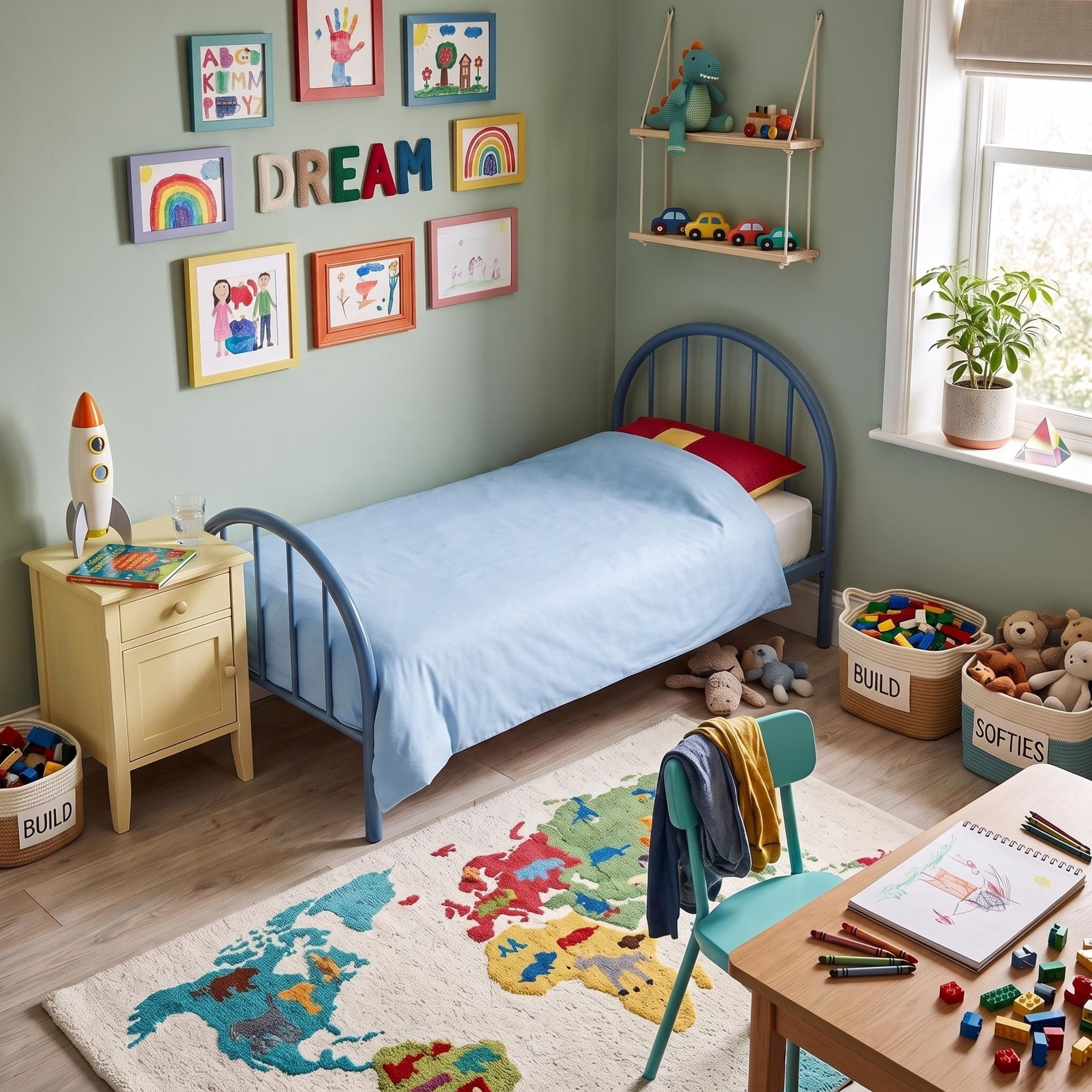 GDF Studio 79" Twin Heavy-Duty Metal Platform Bed with 16 Support Slats, Arched Headboard, Blue