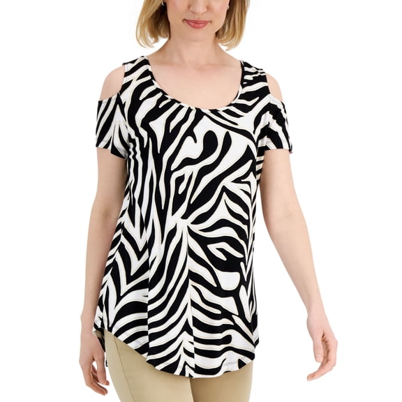 JM Collection Womens Animal Print Cold Shoulder Top Deep Black Combo S