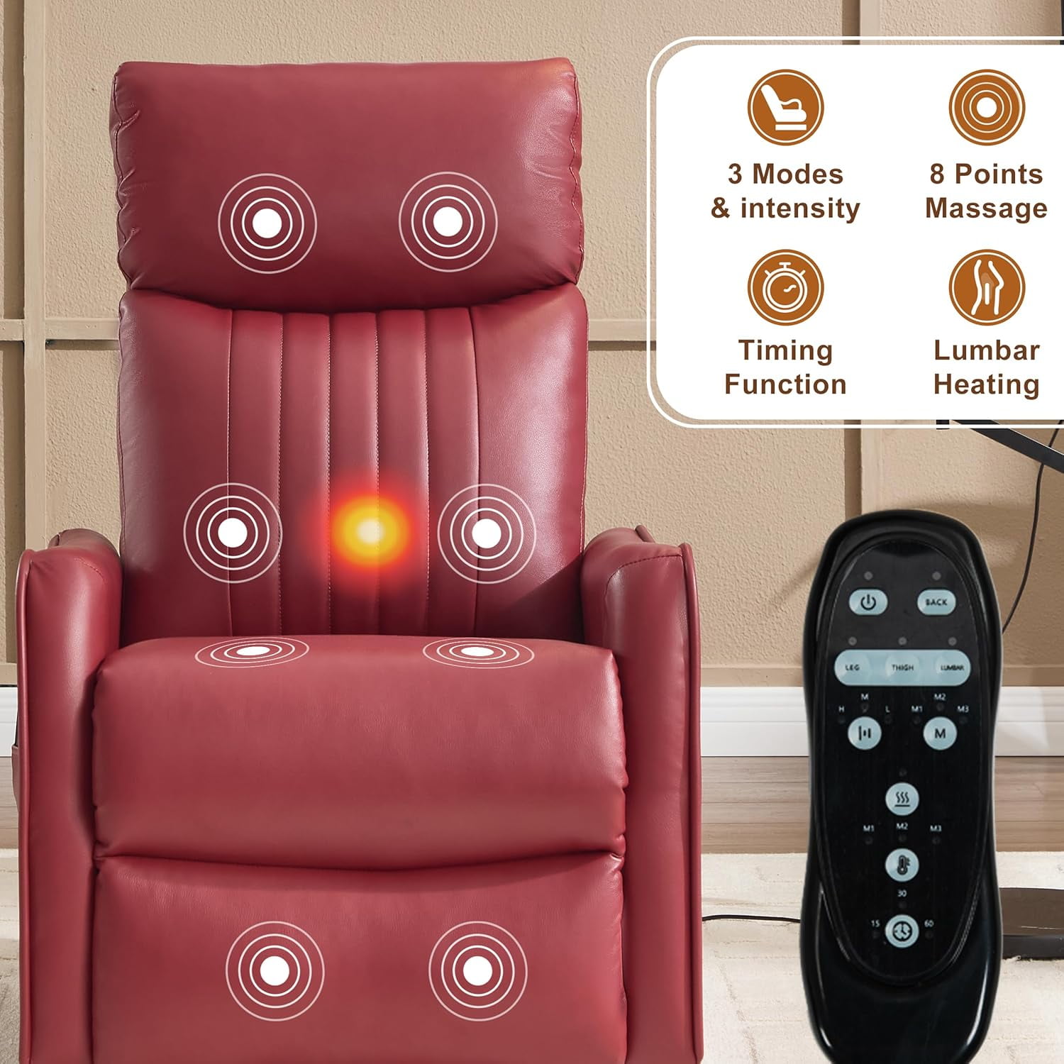 AENKYO Swivel Recliner Chair, Manual Rocking Massage Chair with Heat for Adults, for Living Room,Red Faux Leather