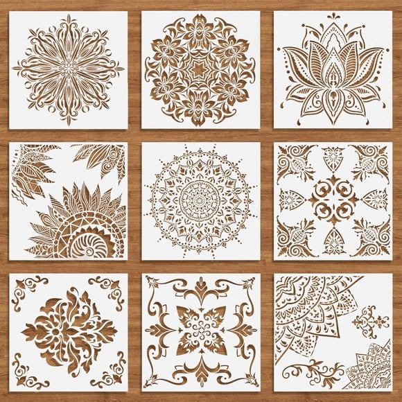 PinesC Lot de 9 (12x12 Pouces) Grands Pochoirs Mandala Réutilisables, Pochoirs Découpés au Laser pour Sol, Carrelage Mural, Tissu, Meubles