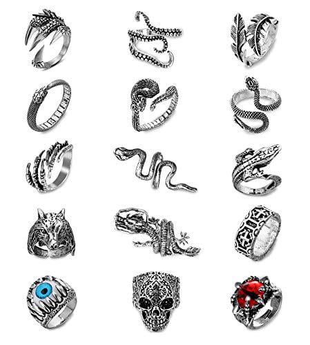 Honsny 15Pcs Vintage Punk Rings for Men Women Gothic Octopus Dragon Claw Snake Wolf Skull Rings Open Adjustable Rings Set Jewelry 