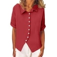 thumbnail image 1 of Mujeres Manga Corta de Verano Tops Botón Cuello Rígido Suelto Ajuste Blusa, Camisetas Casuales de las Mujeres Estilo de Lino Color Plano de Primavera de Uso Diario, 1 of 8