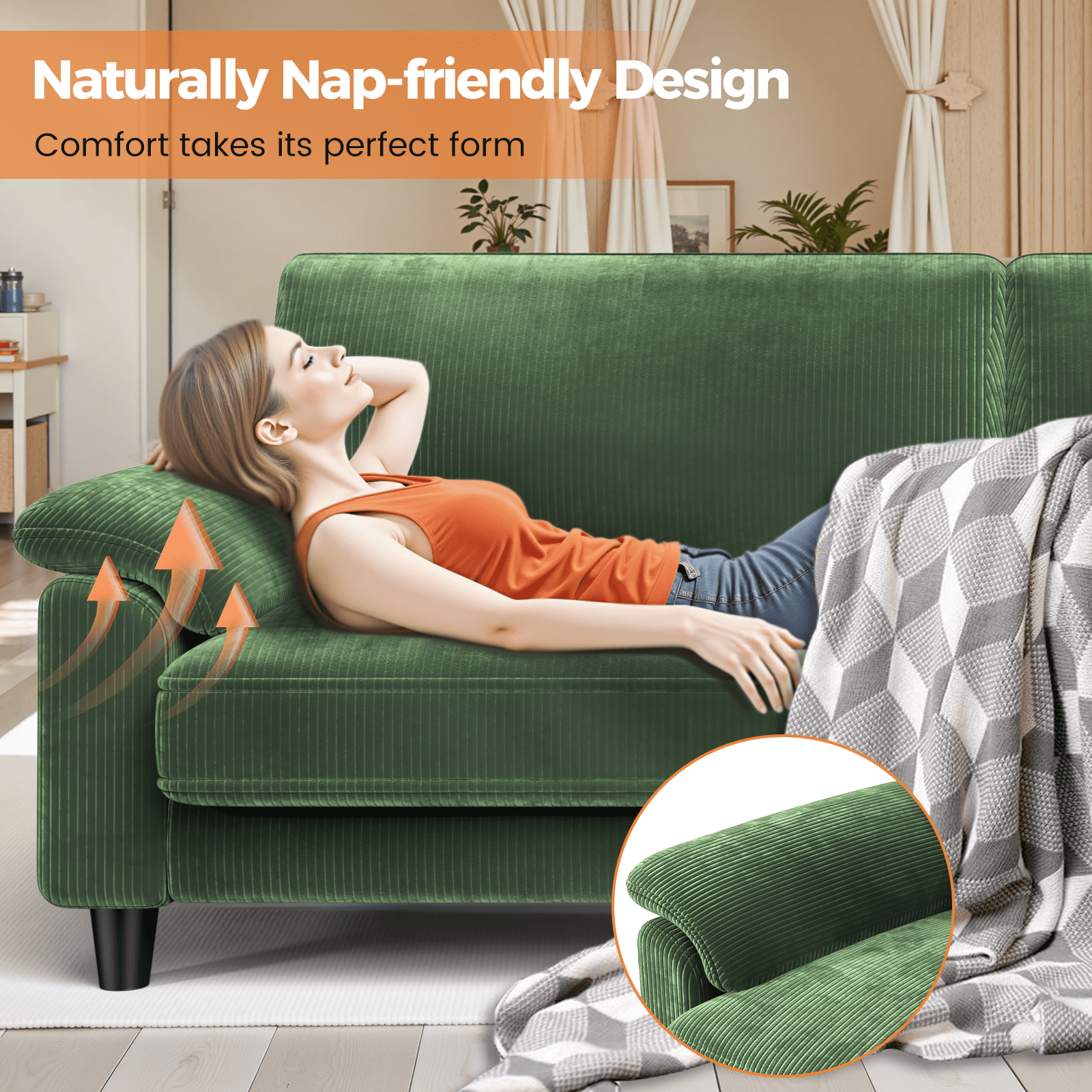 Patbrela 83" Corduroy Sofa, Loveseat Sofa with Extra Deep Seat Couches, Comfy Upholstered Couch for Living Room, No Assembly with 2 Pillows, Green