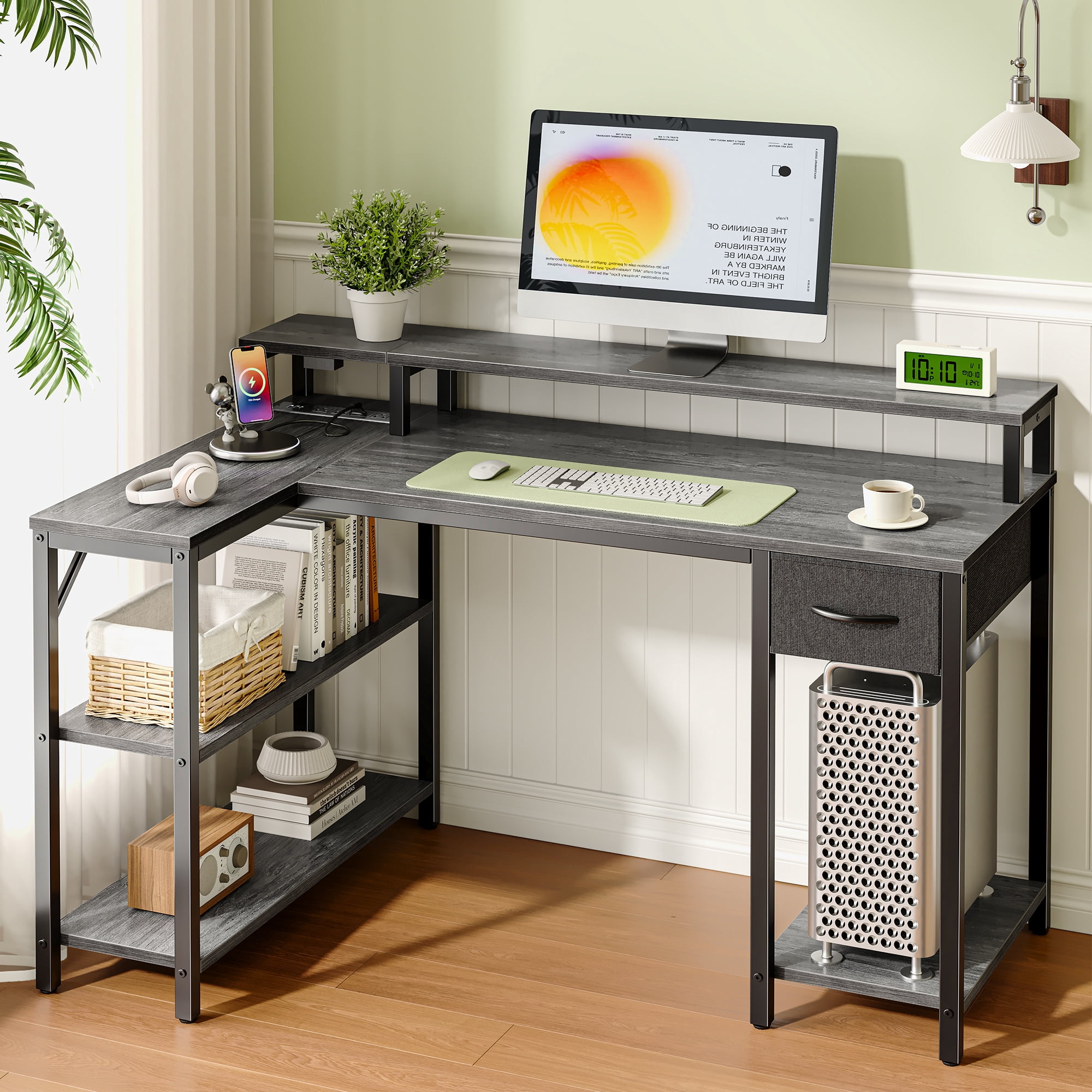 Amadwell 47 Inch L Shaped Desk with LED Strip, Corner Gaming Desk with Power Outlet, Drawer & Shelves
