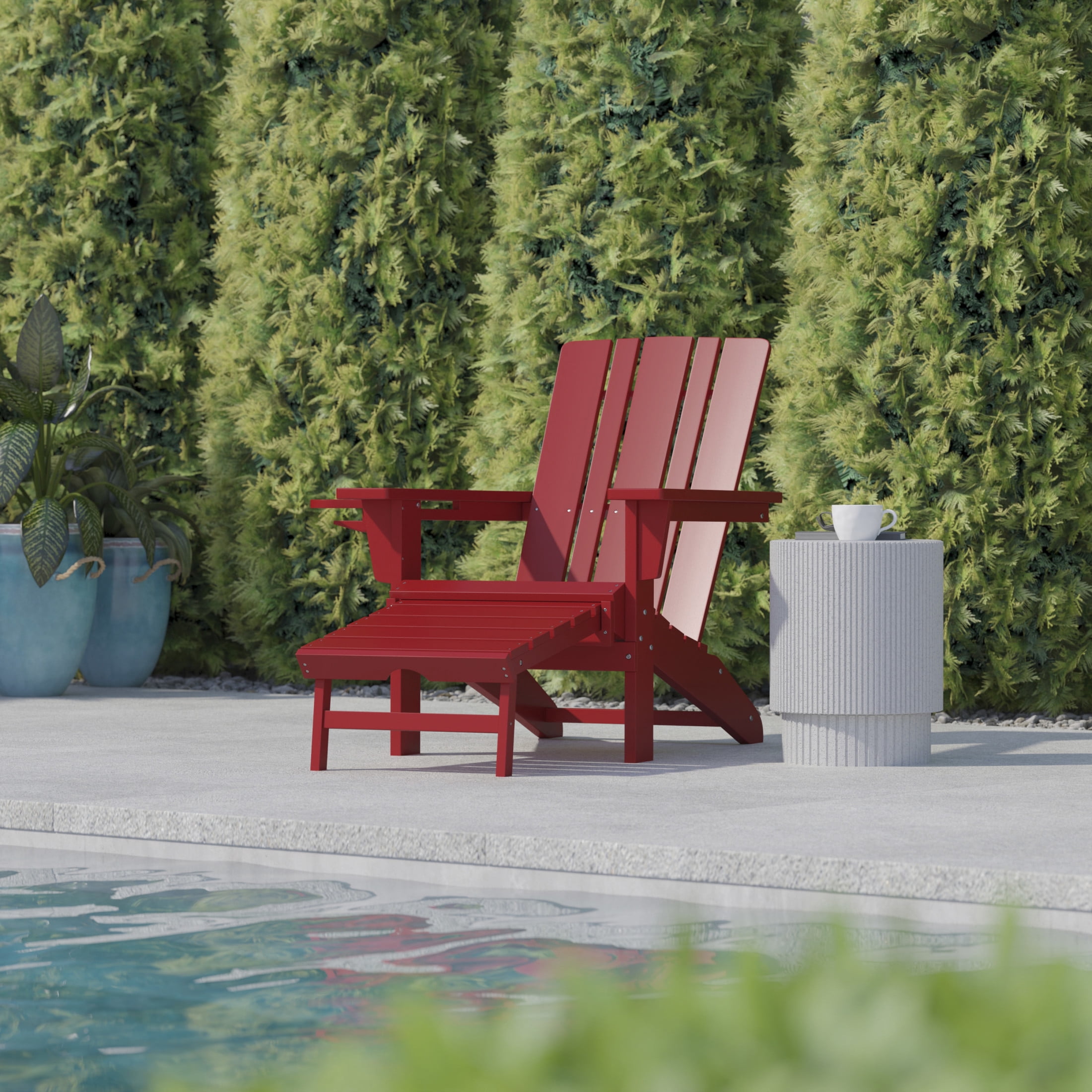 Flash Furniture Halifax HDPE Adirondack Chair with Cup Holder and Pull Out Ottoman, All-Weather HDPE Indoor/Outdoor Lounge Chair in Red