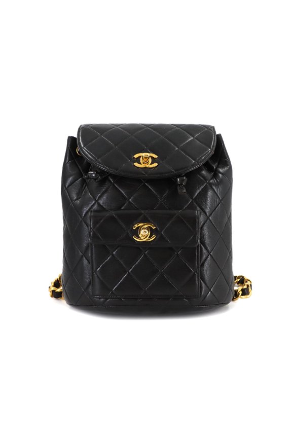 Pre-Owned CHANEL Matelasse Chain Backpack in Black Lambskin with Gold Hardware