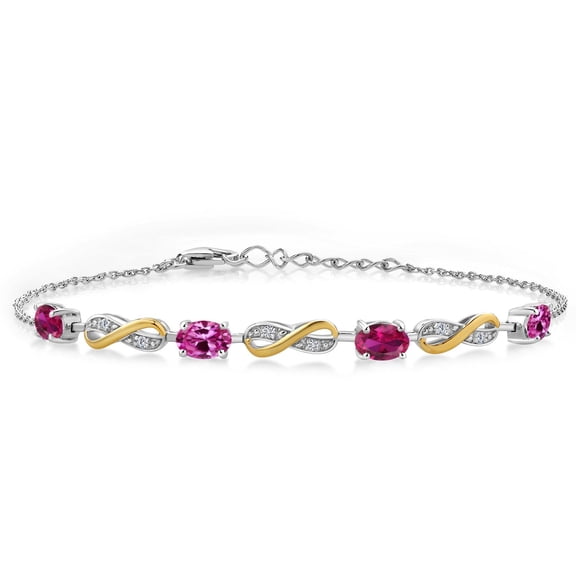 Gem Stone King 2.05 Ct Red Created Ruby Pink Created Sapphire 925 Silver and 10K Yellow Gold Lab Grown Diamond Infinity Bracelet for Women Mother's Mom Wife Her, Fully Adjustable up to 7.5 inch)