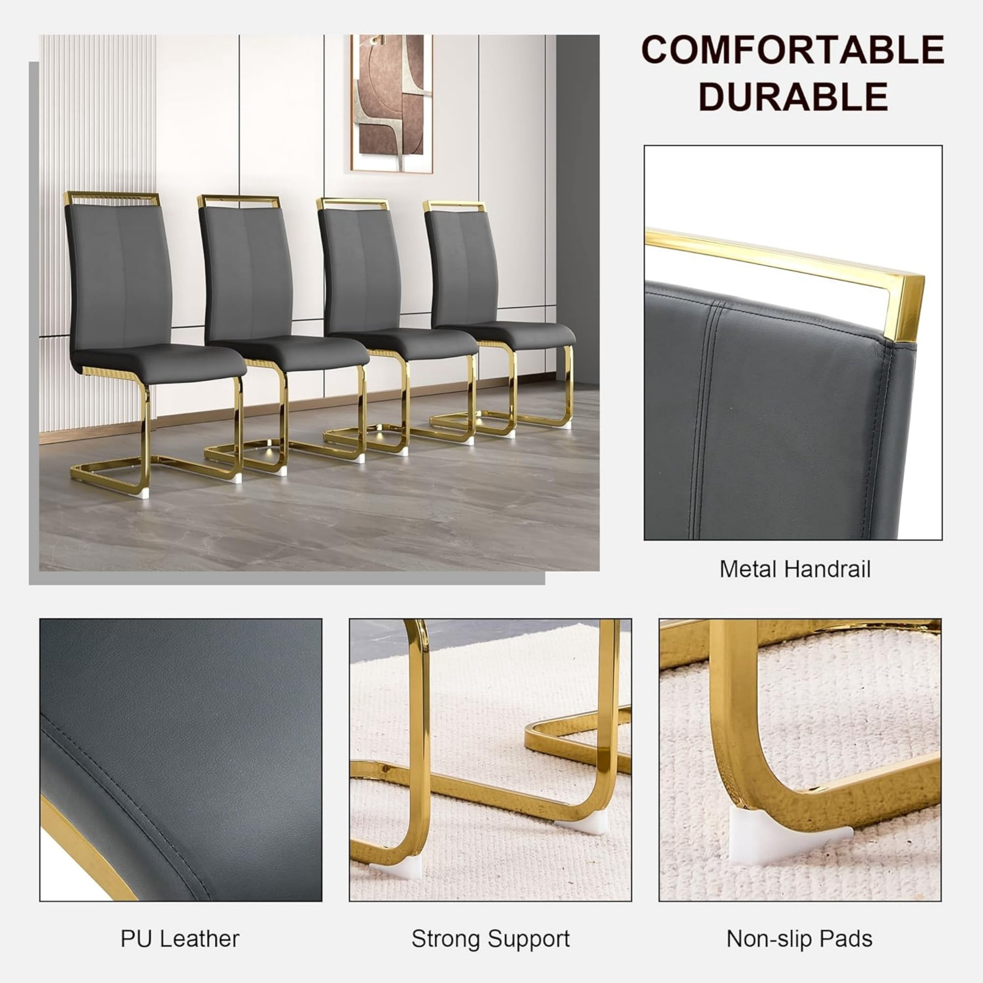 SUDICA Set of 4 Gray Faux Leather Dining Chairs, High Back Design with Gold Metal Legs for Dining Room