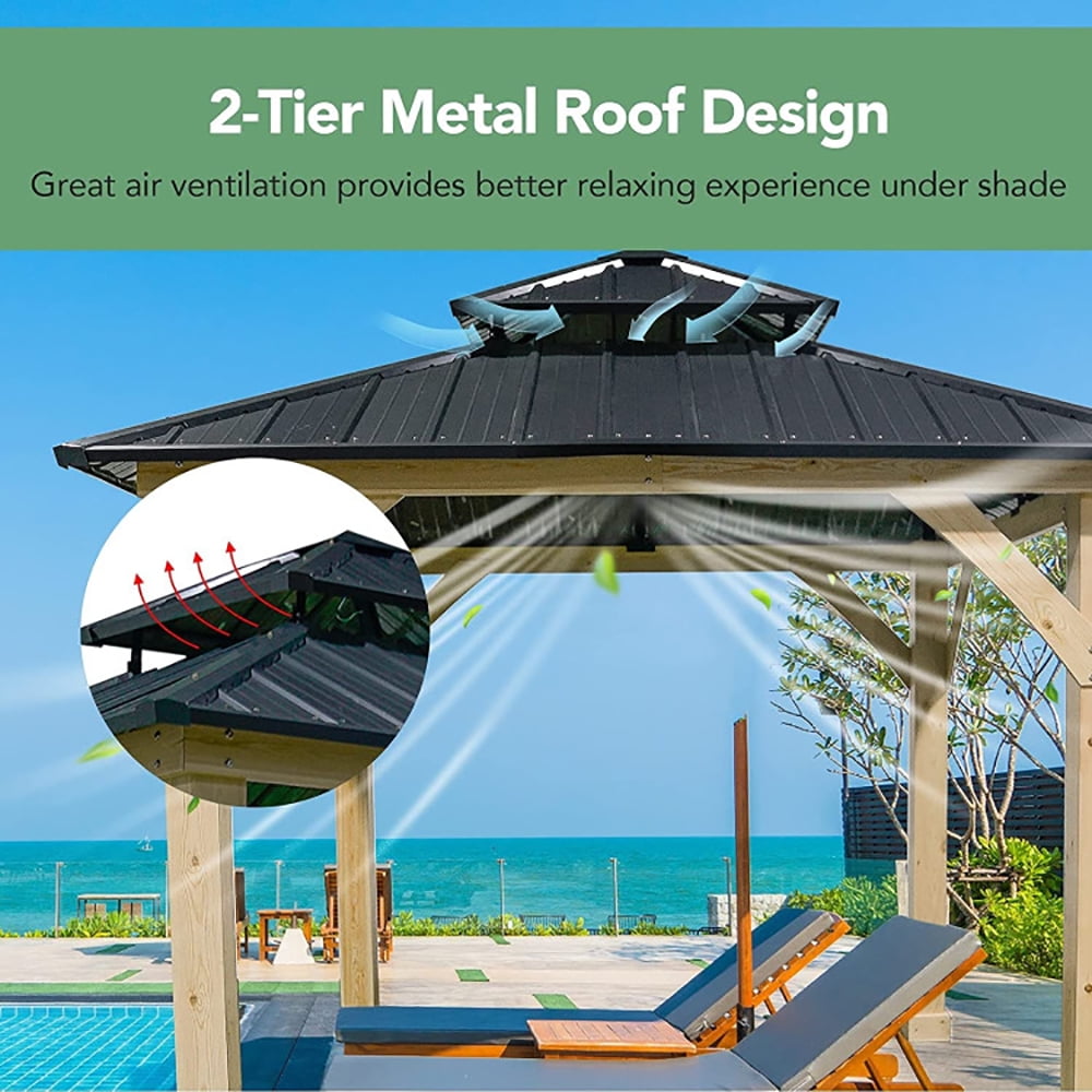 Aimee Lii 10 x 10 Feet Patio Pine Wood Hardtop Gazebo with Double Steel Roof for Outdoor, Backyard Canopy Gazebo, Gray