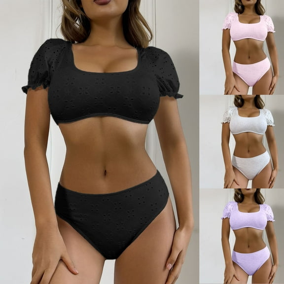 UTSJKR Swim Suits for Women 2 Piece Sexy Tredny Womens Bikini Set 2025 Trendy Straped Padded No Underwire Swimwear Sets Black L