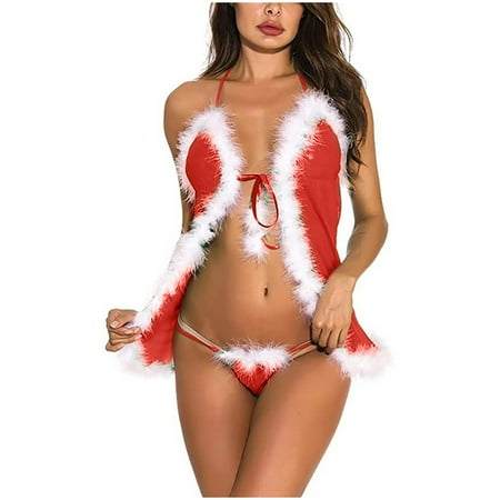 

RPVATI Sexy Lingerie for Women Sexy Front Closure Bodysuit Christmas Red Feather Bra and Panty Sets Red S