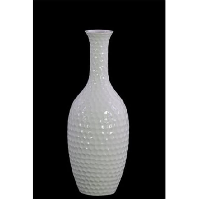 Urban Trends Collection 14909 Ceramic Bellied Round Vase with Flared Lips, Long Neck, Embossed Diamond Design Body & Tapered Bottom Medium, Gloss Finish - White