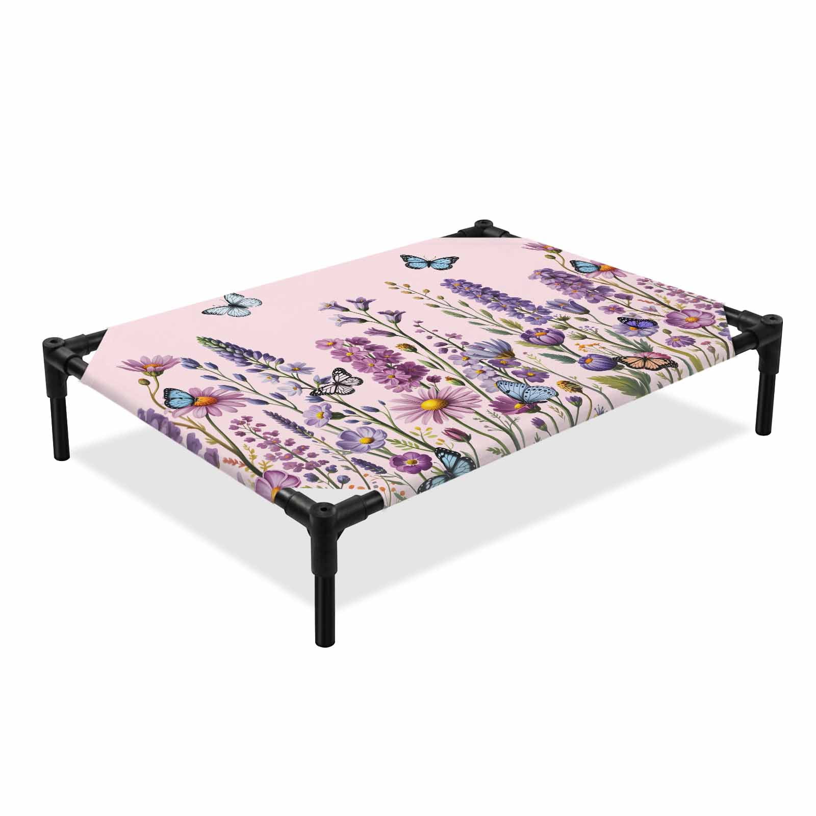 Purple Floral Elevated Dog Bed Spring Lavender Wildflowers Blue Butterfly Botanical Gradient Pink Cooling Breathable Outdoor Raised Dog Cot Bed with Metal Frame Non-Slip Feet for Medium Dog 24x20in