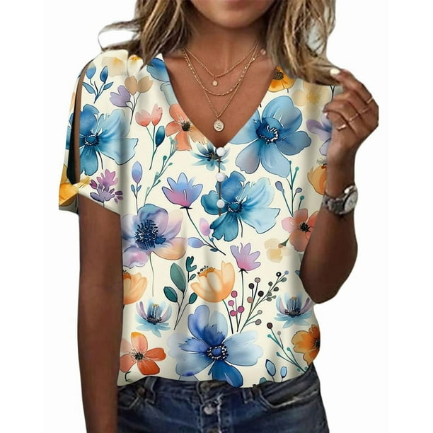 Blusa HOTYD con estampado floral bohemio y cuello en V y hombros descubiertos para mujer