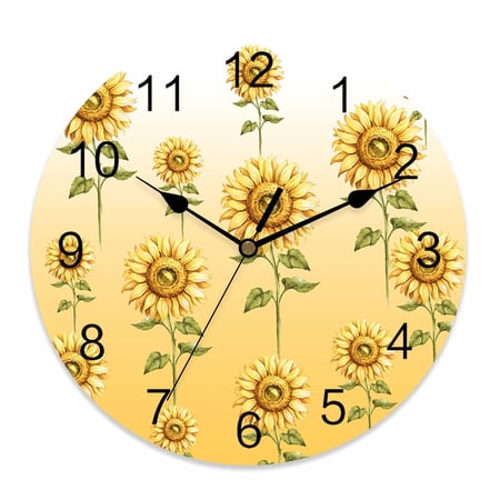 Wall Clock 10 Inch Watercolor Sunflower Pattern Round Silent Decorative Wall Clocks Battery Operated for Living Room Bedroom Kitchen Classroom Decor, Gold Green,Small