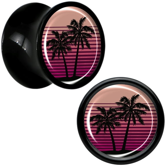 Body Candy 0g 2PC Black Acrylic Palm Tree Retro Sunset Saddle Plugs Double Flare Plug Ear Plug Gauges 8mm