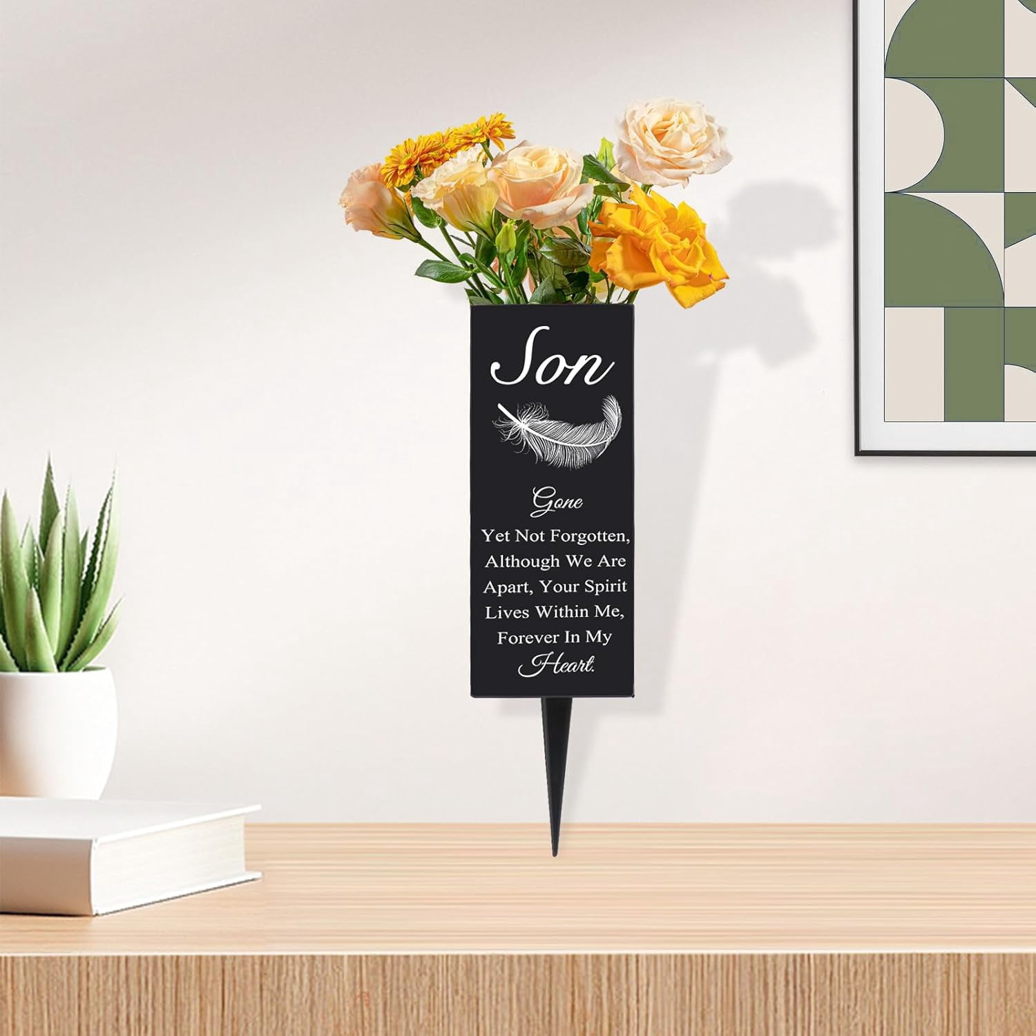 Son Cemetery Vases for Grave, Metal Cemetery Grave Flower Vase with Stake, Son Grave Cemetery Decorations, Metal Memorial Grave Markers, Graveside Decor Sign for Grave Outdoor Yard