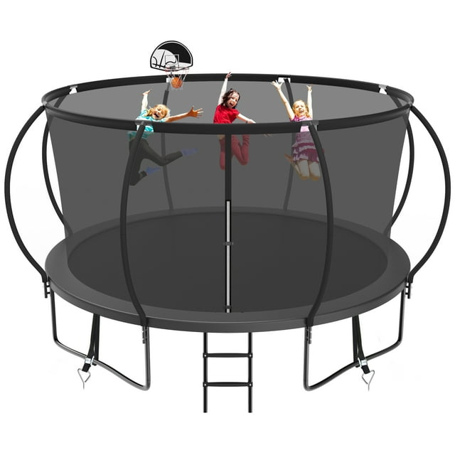 Kacho Trampoline for Kids, 1400LBS 14FT Trampoline with Enclosure Net, Trampoline with Basketball Hoop, Outdoor Recreational Trampoline for 6-7 Kids, Backyard Trampoline, No Gap Design, Blue