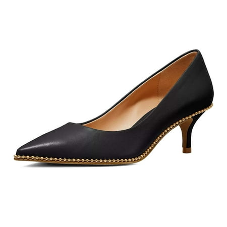 XYD Women Comfort Kitten Heels Pumps Slip On Pointed Closed Toe Studs Around Formal Office Shoes Size 9.5 Black
