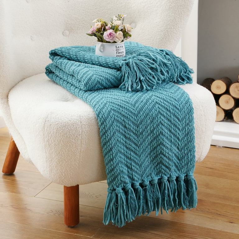Battilo Cozy Teal Throw Blanket with Braided Fringe, Comfortable