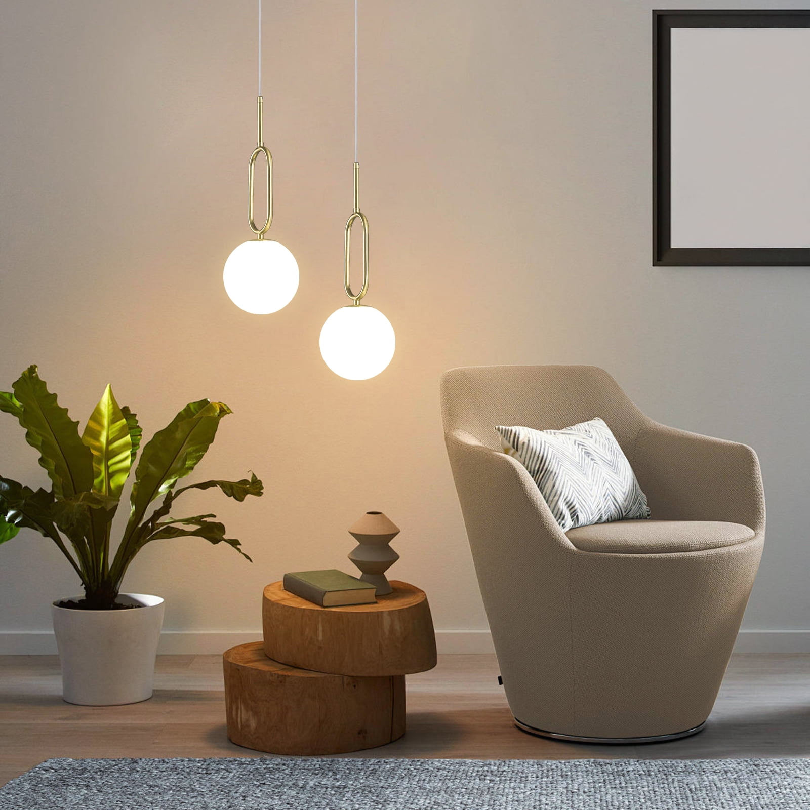 LMQNINE Gold Pendant Light with Milky White Glass Shade,Adjustable Minimalist Globe Hanging Fixture for Kitchen Island,Dining Room,2 Pack