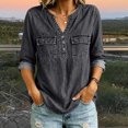 thumbnail image 5 of Kadlawus Long Sleeve Loose V Neck Denim Button Down Shirt Women Fall Casual Basic Pullover Tops Soft Stretchy Comfort Commute Travel Home Daily Wear, Black XL, 5 of 7