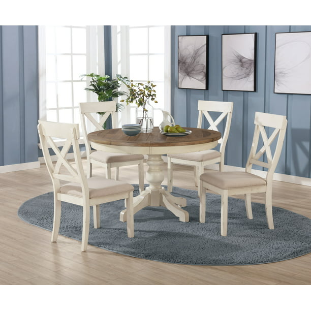 Roundhill Furniture Prato 5 Piece Round, White Distressed Wood Dining Room Table