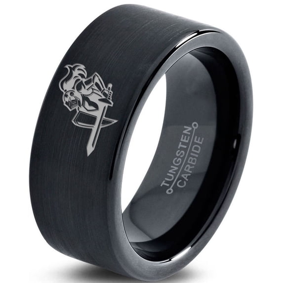 Tungsten Armor Shield Sword Knight Band Ring 9mm Men Women Comfort Fit Black Flat Cut Brushed Polished