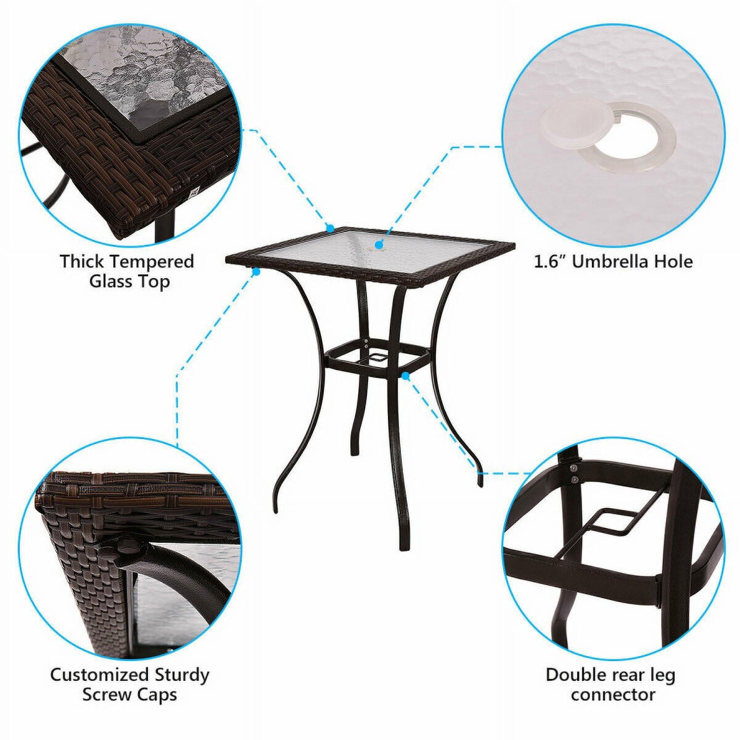 Aimee Lii 28.5 Inch Outdoor Patio Square Glass Top Table with Rattan Edging, Outdoor Patio Furniture