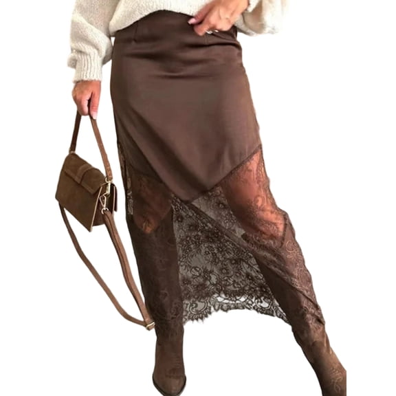 Women Lace Patchwork Skirts High Waist A Line Y2K Elegant Maxi Long Skirts Party Boho Skirt Camel Color S