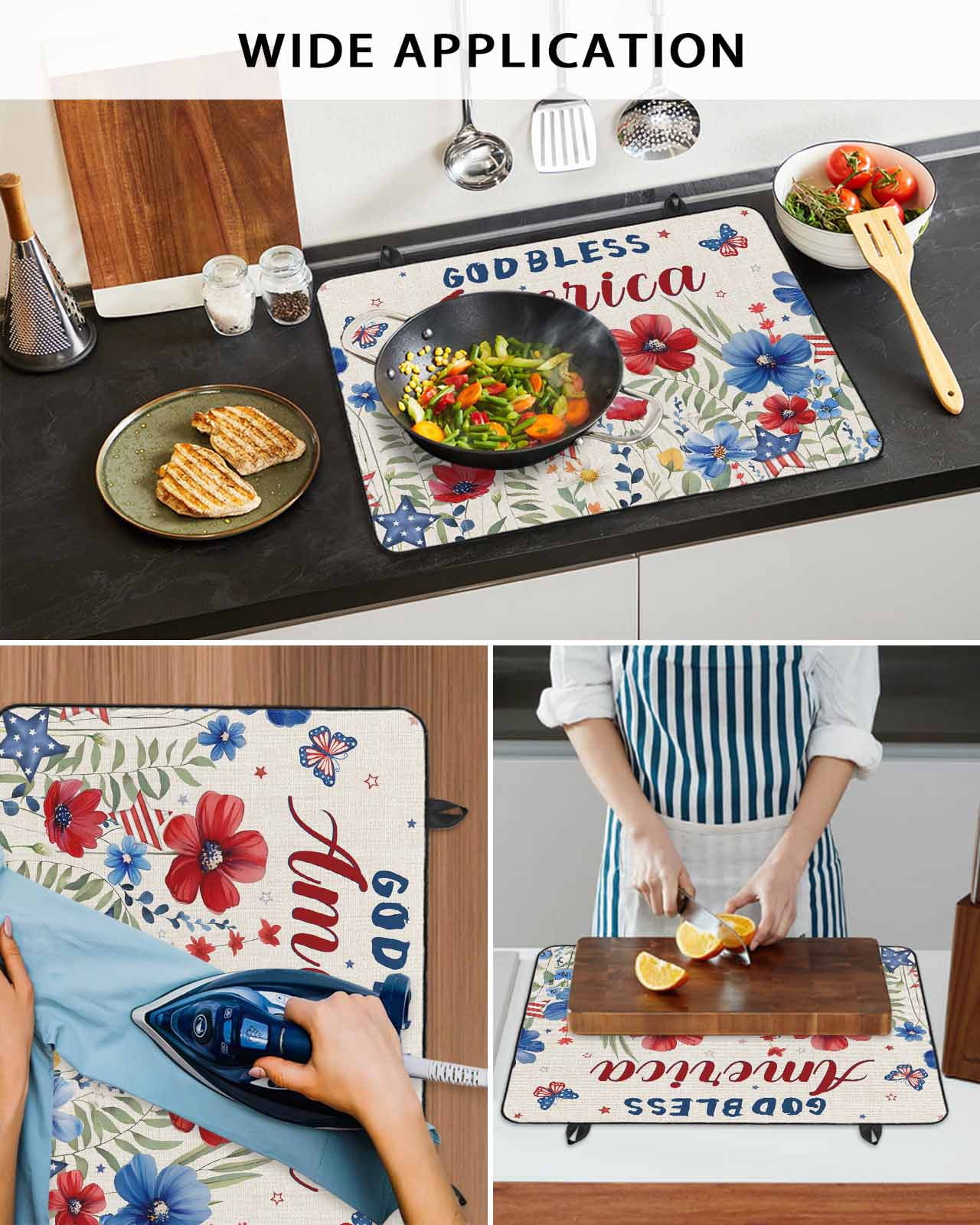 nqOlkjepod Large Induction Cooktop Protector Mat 28.5"x20.5", 4th of July Stove Top Covers for Electric Stove, Independence Day Red Blue Floral Rustic Stove Burner Cover Mats, Glass Top Stove Cover