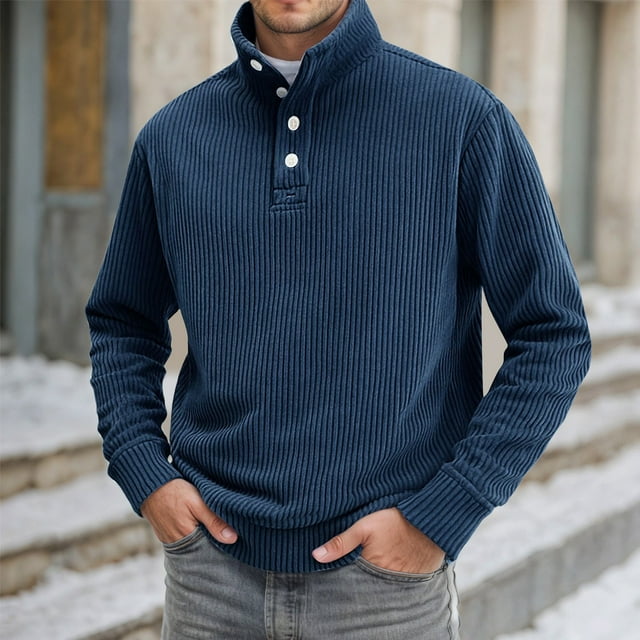Mens Long Sleeve High Neck Sweatshirt with Button Placket and Digital Print Design for Everyday Casual Fall Season