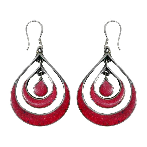 Tibetan Silver Dangle Red Coral Earrings Silver Plated Brass Fashion Jewelry for Women's Gift