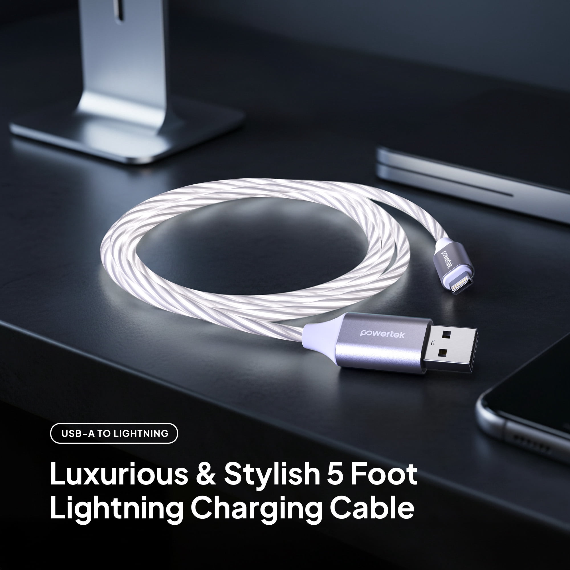 Powertek MFi-Certified Light-Up USB-A to Lightning Charging Cable, 5 ft, White