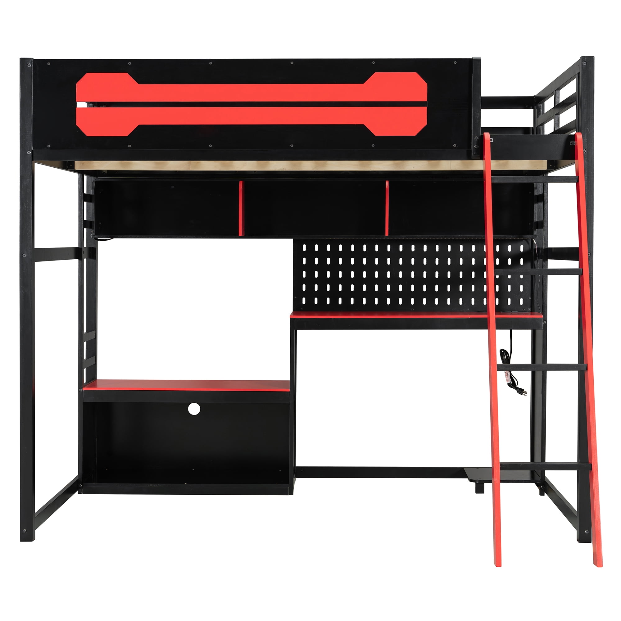 Mintazer Full Size Gaming Loft Bed with LED Lights, Charging Station, Desk, Pegboard and Storage Shelves for Boys Girls, Black & Red