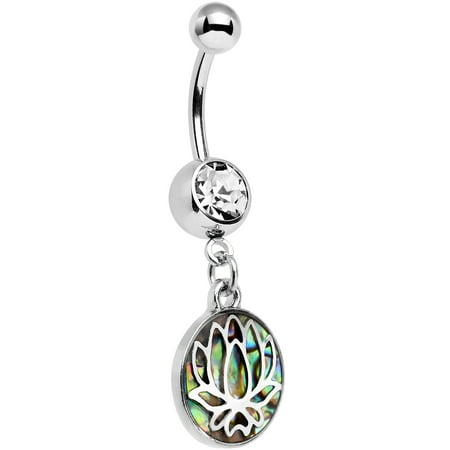 Butterfly Flower Dangle Belly Ring - Body Candy Steel Clear Accent Blue Green Abalone Shell Lotus Flower Dangle Belly Ring