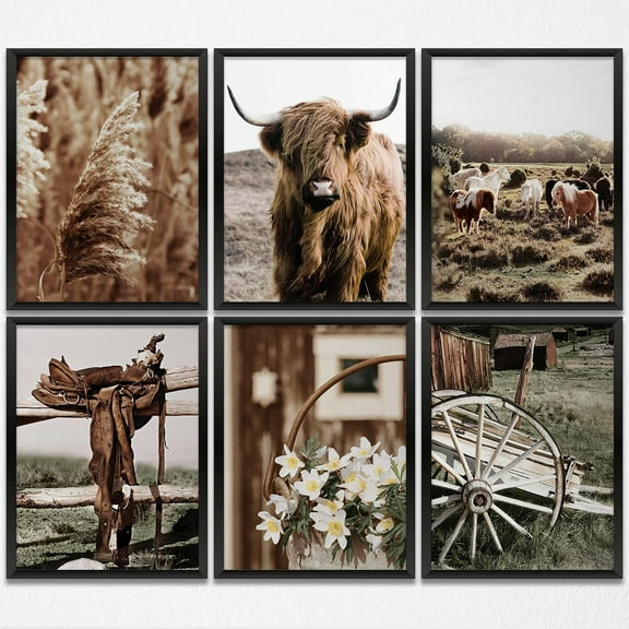 Vintage Farmhouse Cow Prints - 6PCS Wall Art Set (8x10 inch, Unframed) for Home, Bedroom, Kitchen, Bathroom, Rustic Western Country Decor