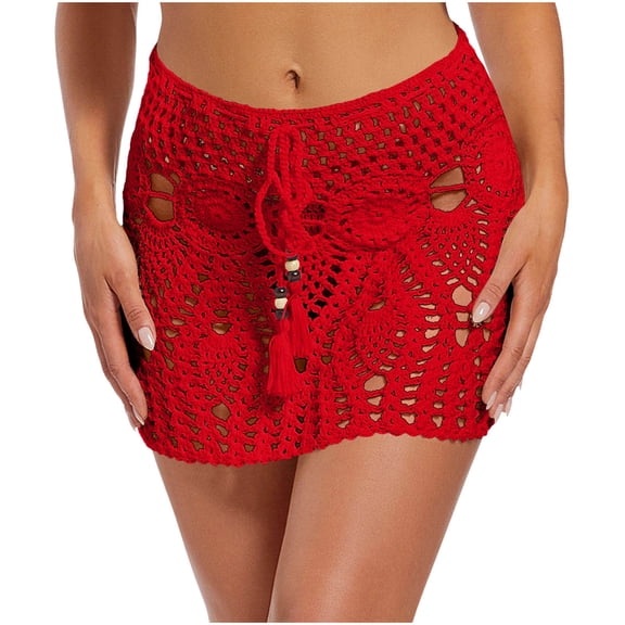 QSAWXQZ Women's Hollow Out Crochet Mini Skirt Cover Up with Tassel Drawstring Boho Beach Bottom Red M