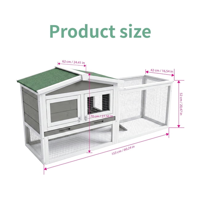 EastVita 60Inch L Large Rabbit Hutch, Expandable 2-Story Wooden Bunny Cage with Ramp & Playpen for Outdoor, Grey