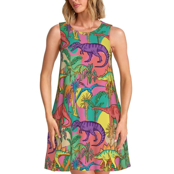 Fotbe Colorful Dinosaur Vestido de Verano sin Mangas para Mujer – Vestido Midi Línea A, Estilo Camiseta Floral, Vestido Playero Casual y Fluido