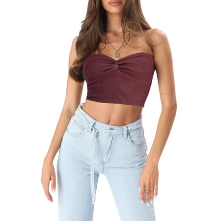 

luethbiezx Women Casual Slim Rib Knit bra top Solid Color Harajuku Strapless Sleeveless Twist Knotted Crop Tops