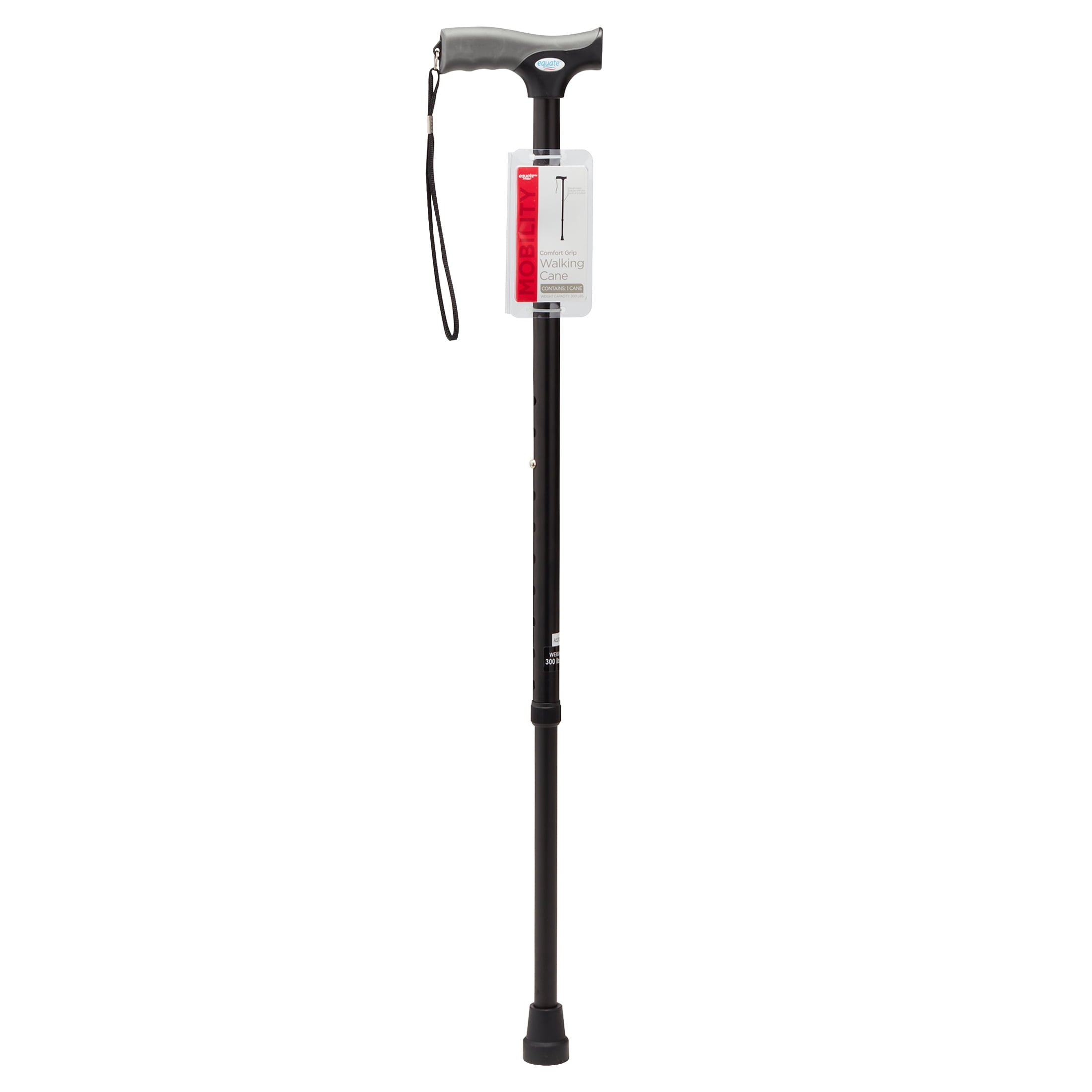 Equate Comfort Grip Walking Cane, Height Adjustable Cane With Wrist Strap, Black