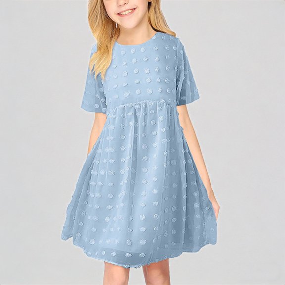 REDARER Girls' Dot Dress, Short Sleeve Pleated A-Line Tulle Dress, Cute Elastic Waist Casual Party Dress for Kids,5-6 Years