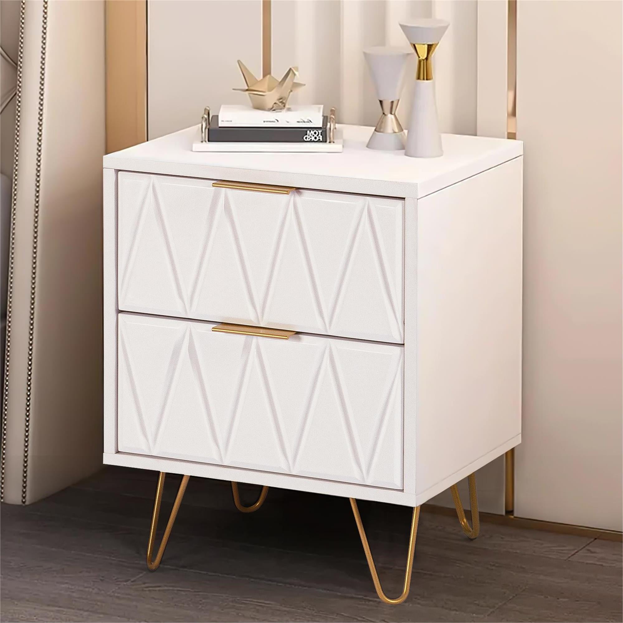 Yardi Yard Modern 2 Drawer Accent Nightstand for Bedroom witn Golden Metal Legs, White Yardi Yard Modern 2 Drawer Accent Nightstand for Bedroom witn Golden Metal Legs, White