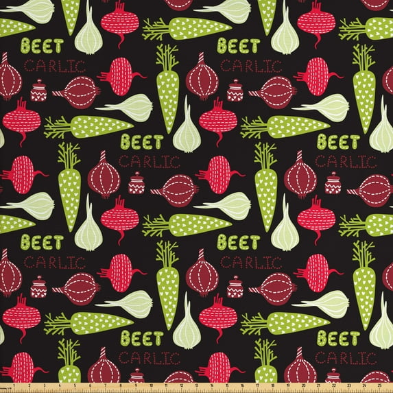 Vegetable Fabric by the Yard Upholstery, Onion Pepper and Garlic Pattern on Dark Toned Background with Dashed Lines Hearts, Decorative Fabric for DIY and Home Accents, Multicolor by Ambesonne