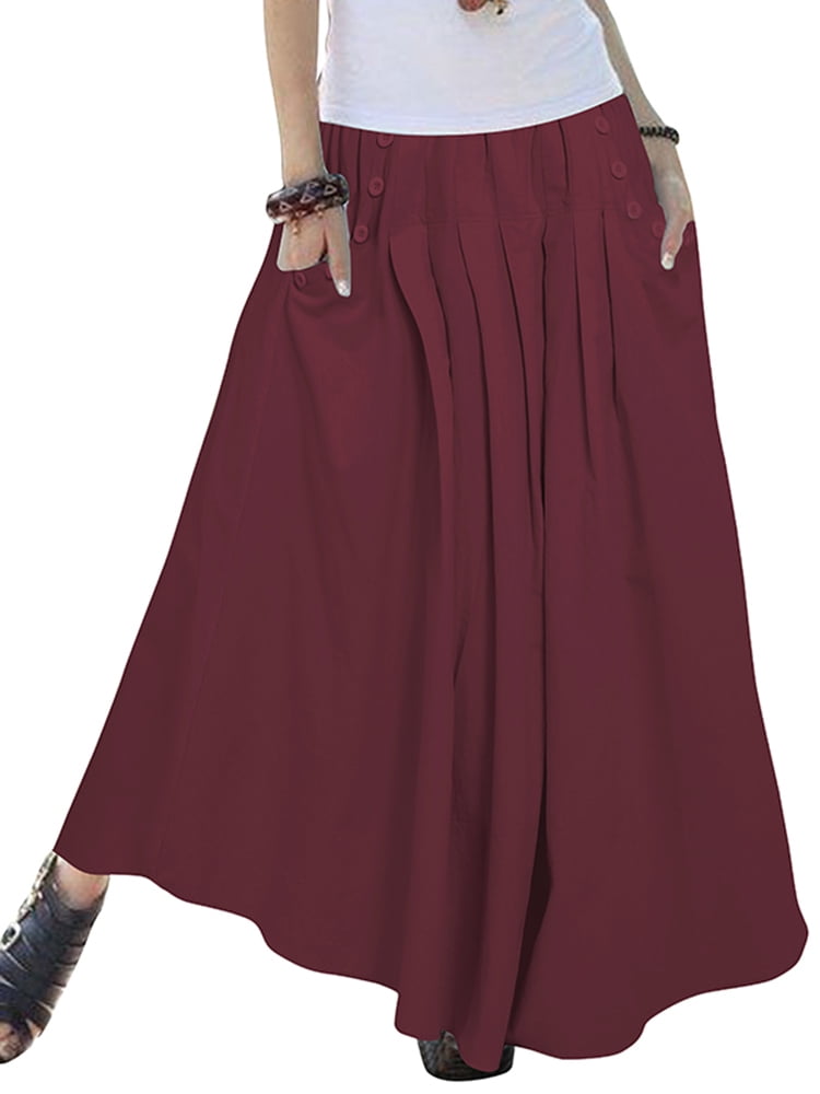 ZANZEA Women's Loose Casual High Elastic Waist Skirt Dress Button Plain ...